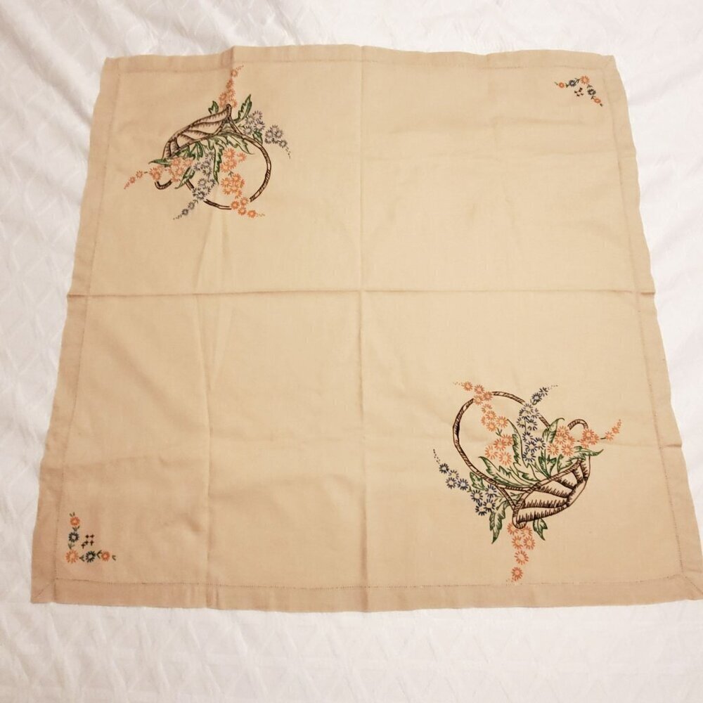 VTG  Painted Beige Tablecloth With Floral Basket Design‎ 32" X 32" Square Cotton